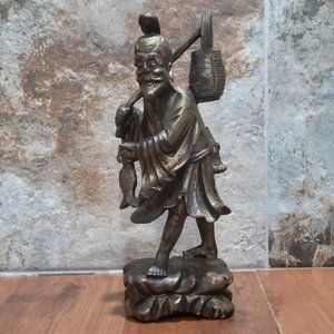 VTG Chinese Fisherman Old Man Carved Detailed Bronze Statue